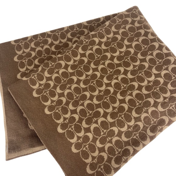 Coach Wool Blend Signature Logo Blanket Throw Wrap Large 39x57” Tan Brown Shawl - Picture 8 of 9